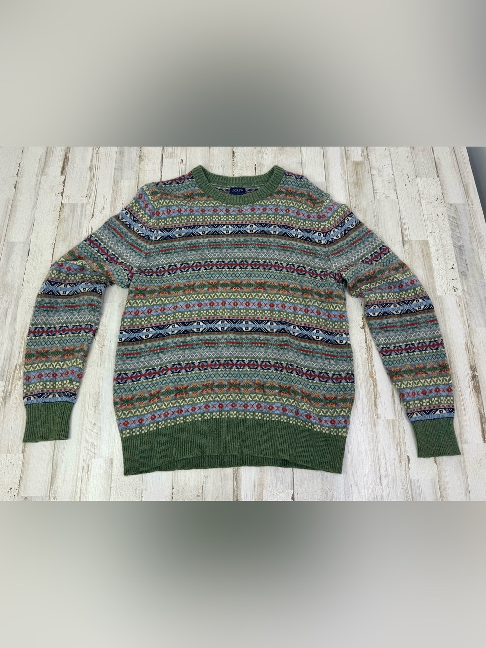 J Crew Fair Isle Lambswool Blend Crewneck Sweater Men Large Green Nordic